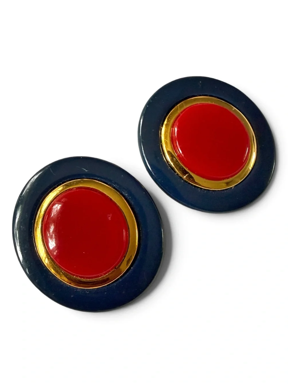 Vintage Cato Button‑Style Oval Clip‑On Earrings – Navy, Gold & Red